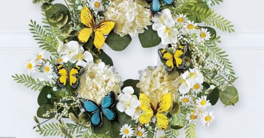 Butterfly and flower spring wreath - nature-inspired spring decor ideas with white and yellow palette