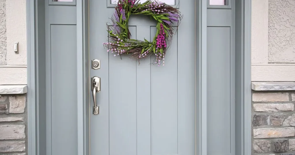 A minimalist wreath with purple and pink flowers, green leaves, and twigs, hanging on a muted blue door.
