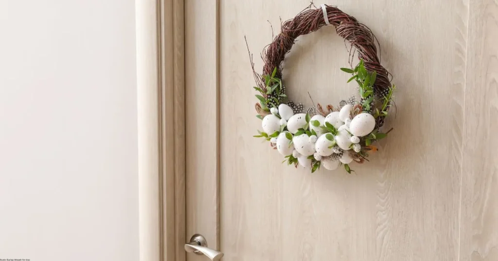 A rustic Easter wreath made of twigs, decorated with white eggs, green leaves, and feathers, hanging on a light wooden door.