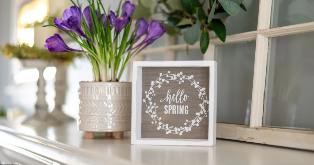 Purple crocus flowers and "Hello Spring" decor sign - spring decor ideas for indoor home styling