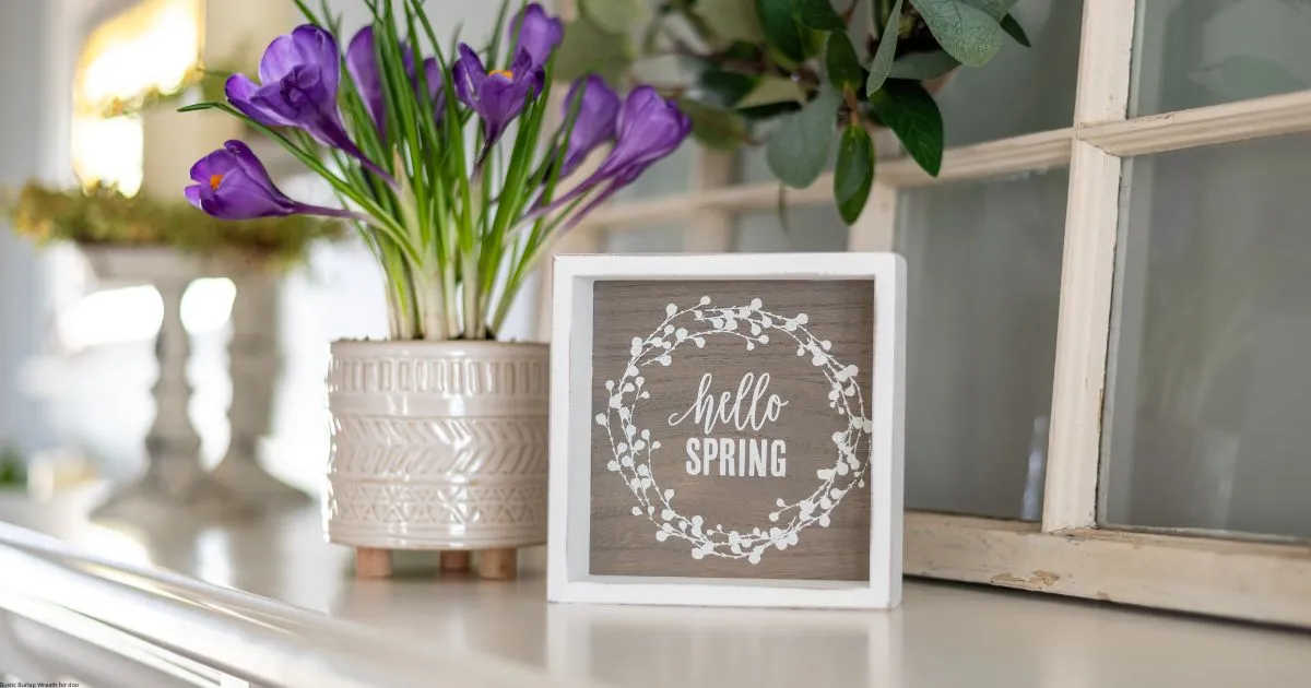 Purple crocus flowers and "Hello Spring" decor sign - spring decor ideas for indoor home styling