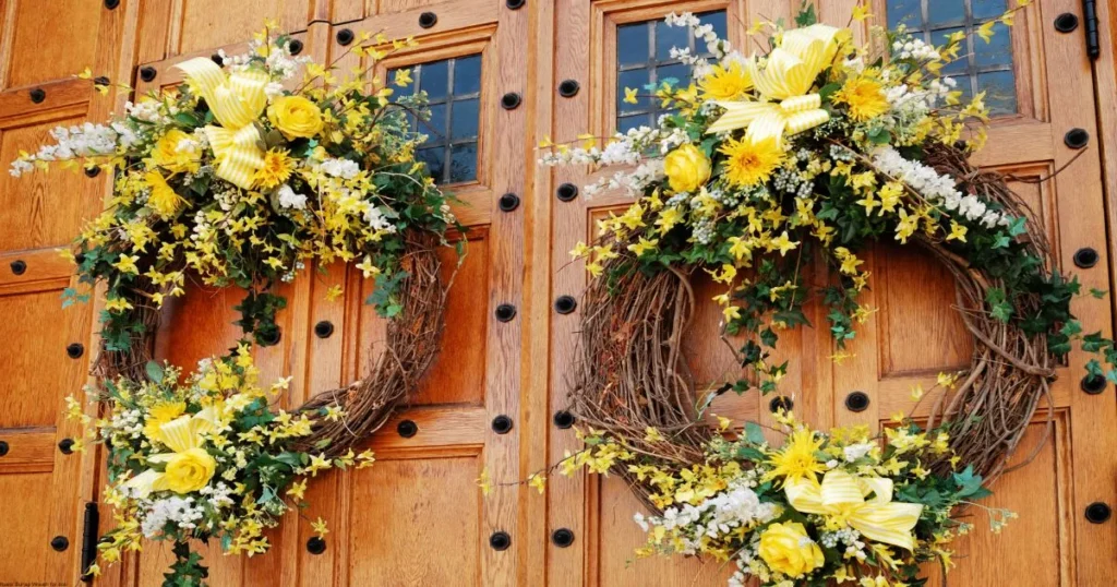 Yellow and white floral wreath - cheerful spring decor ideas for front door styling