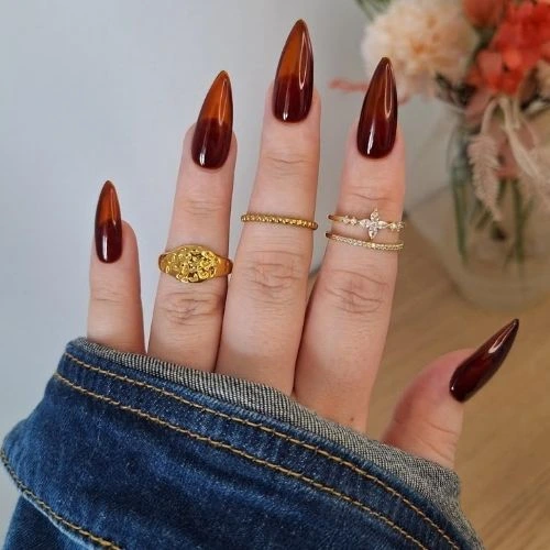 Close-up of a hand with long, almond-shaped nails in a deep amber jelly finish, styled with gold rings against a soft background.